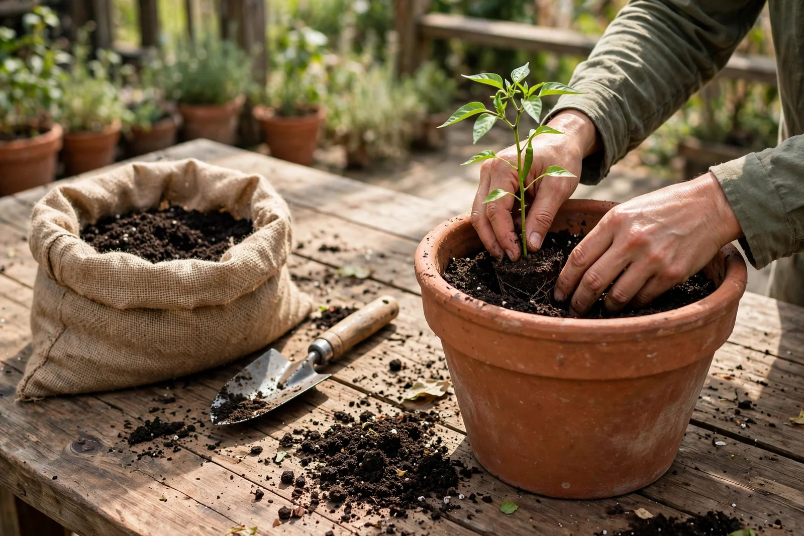 Hands transplanting a small Thai chili seedling into a large terracotta pot of dark potting mix, trowel and burlap sack of soil on a wooden patio table