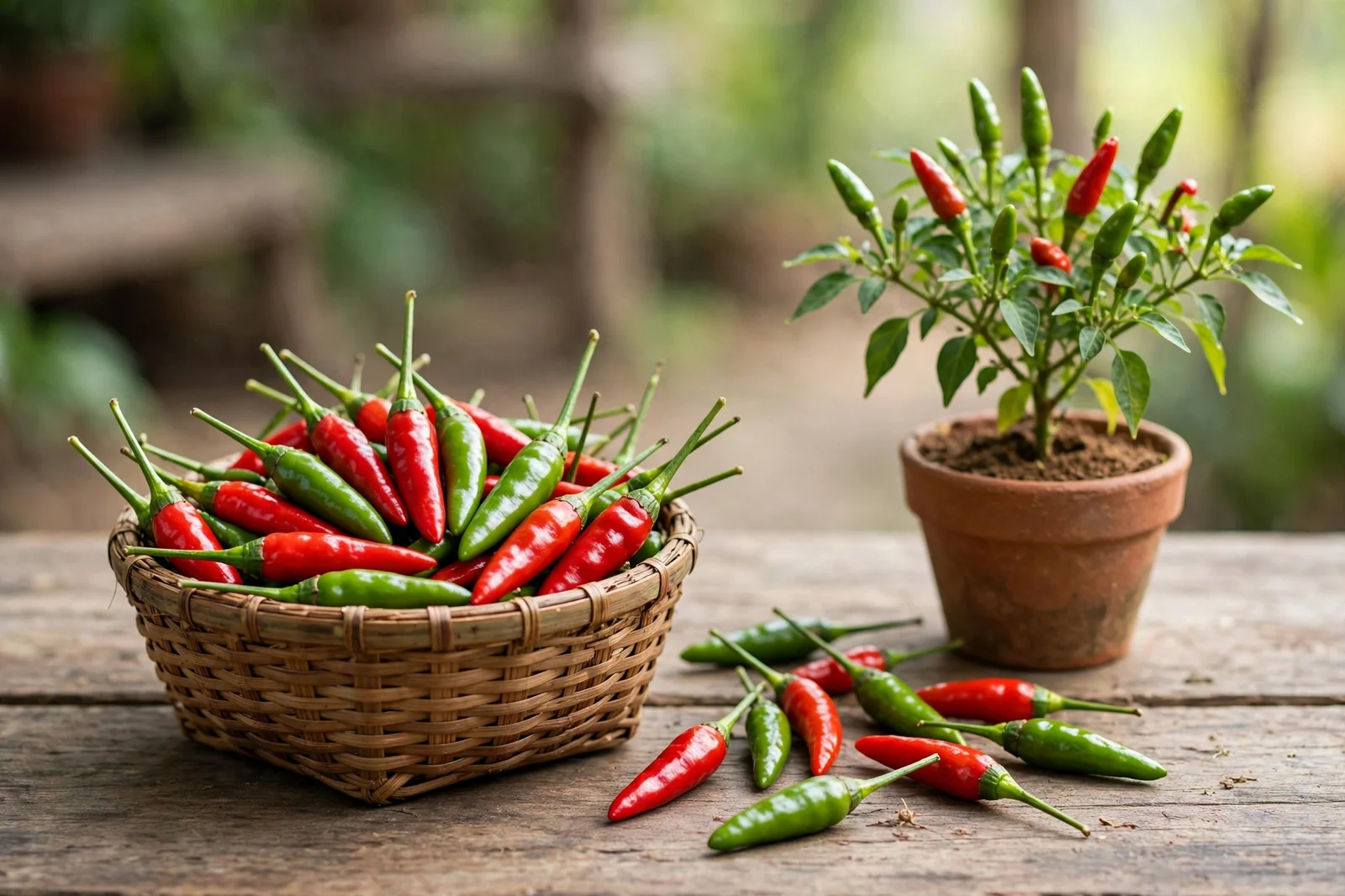 Woven basket of freshly harvested glossy red and green Thai bird's eye chilies on a rustic wooden table, small potted chili plant beside it