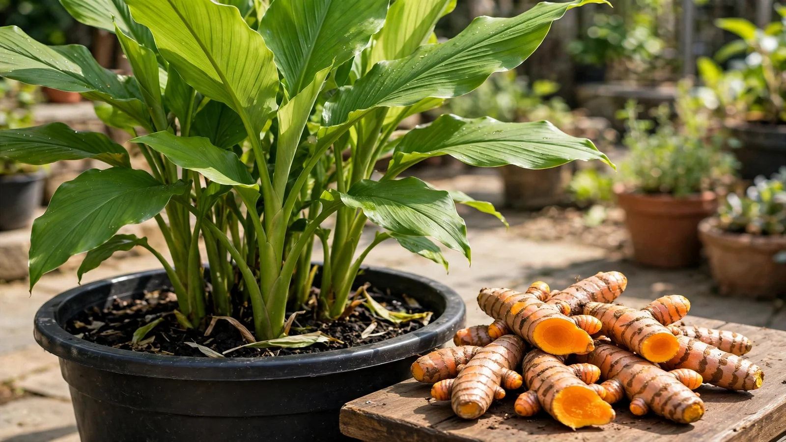 A lush turmeric plant with broad green leaves growing in a dark pot on a sunny patio, with freshly harvested orange turmeric rhizomes on the table beside it