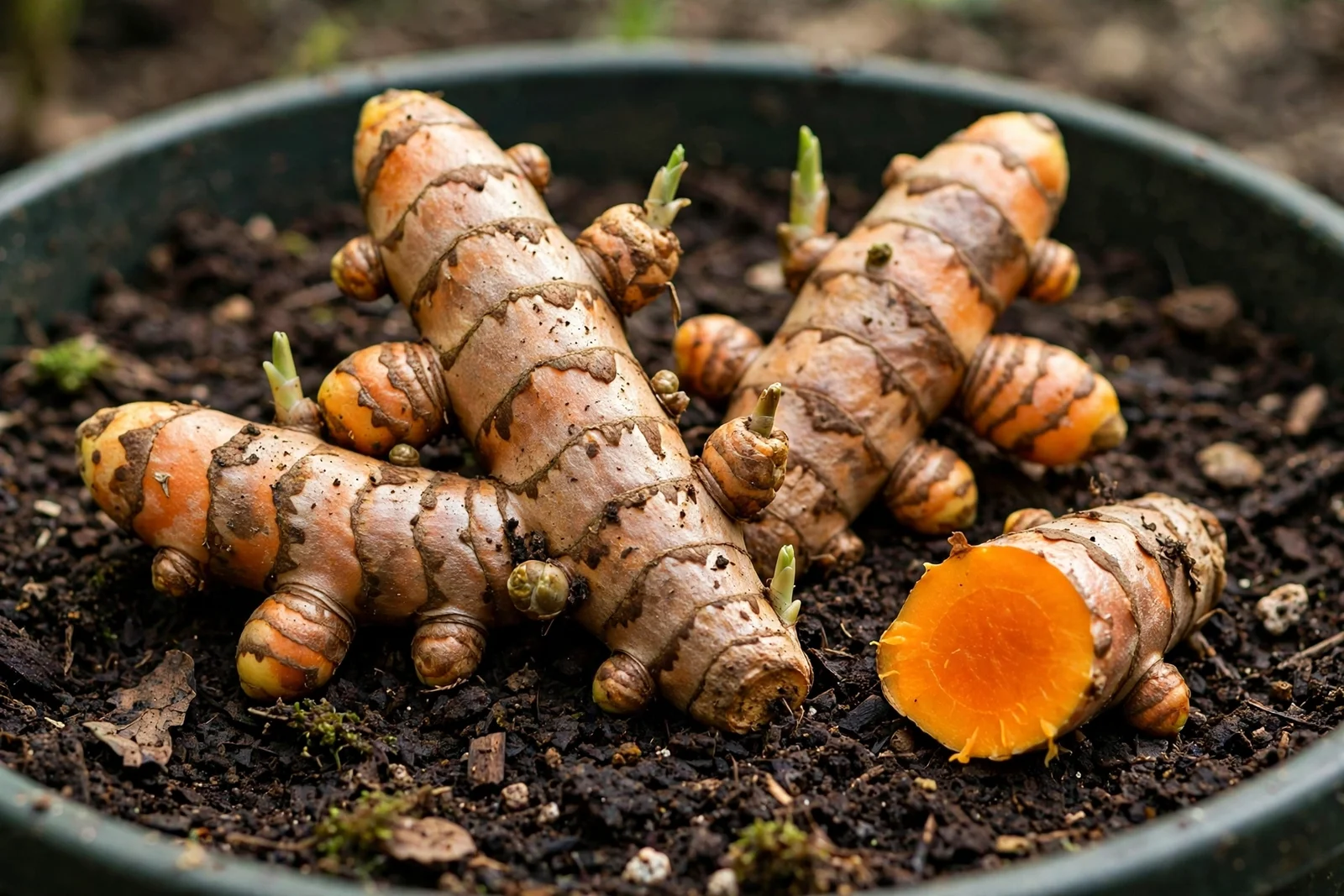 Close-up of plump fresh turmeric rhizomes with visible growth buds resting on dark potting soil