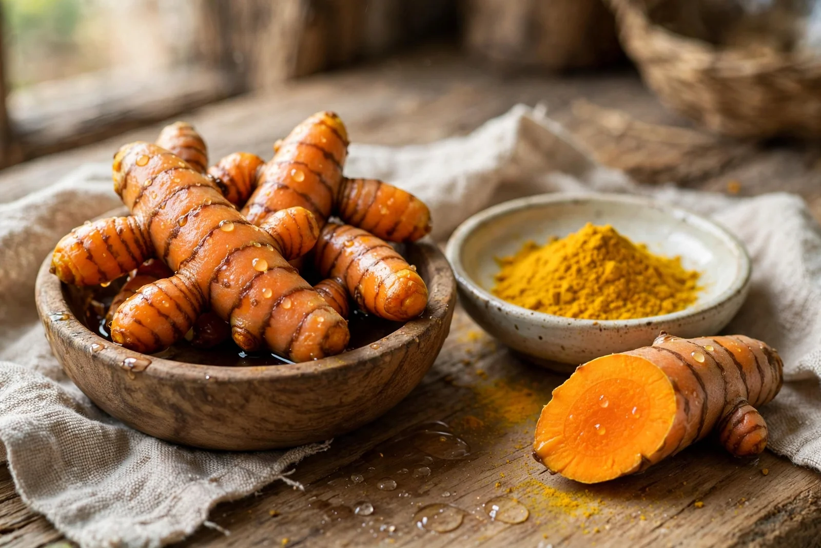 Freshly washed bright orange turmeric fingers in a wooden bowl beside a small ceramic dish of golden turmeric powder