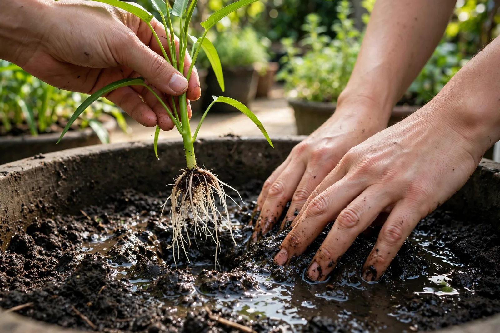 Hands planting a rooted water spinach cutting with white roots into wet dark soil in a large patio container