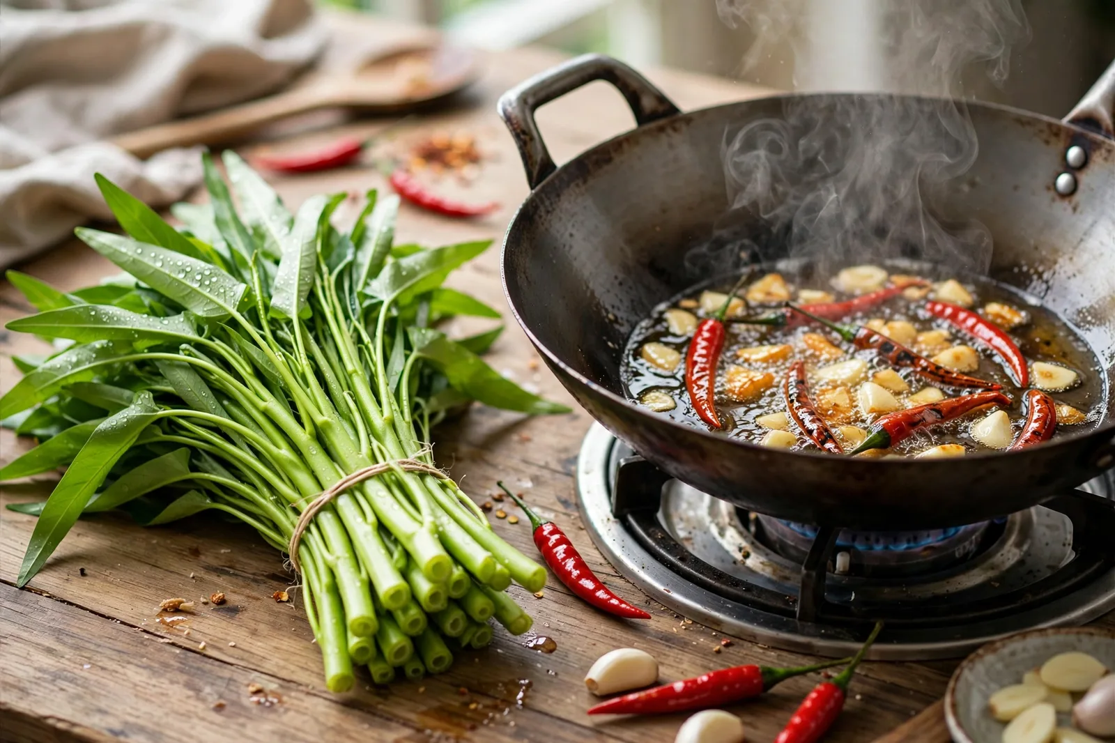 Fresh bundle of water spinach stems tied on a wooden table beside a steaming wok with garlic and red chilies