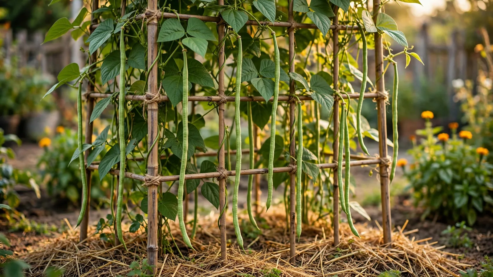 Yardlong bean vines climbing a tall bamboo trellis in a sunny home vegetable garden, with long slender green bean pods hanging among heart-shaped leaves and straw mulch below