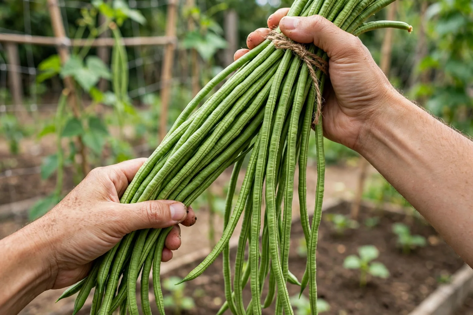 Two hands holding a freshly picked bundle of long yardlong beans tied with twine, slender bright-green pods about 14 inches long, with a garden bed and bean trellis behind