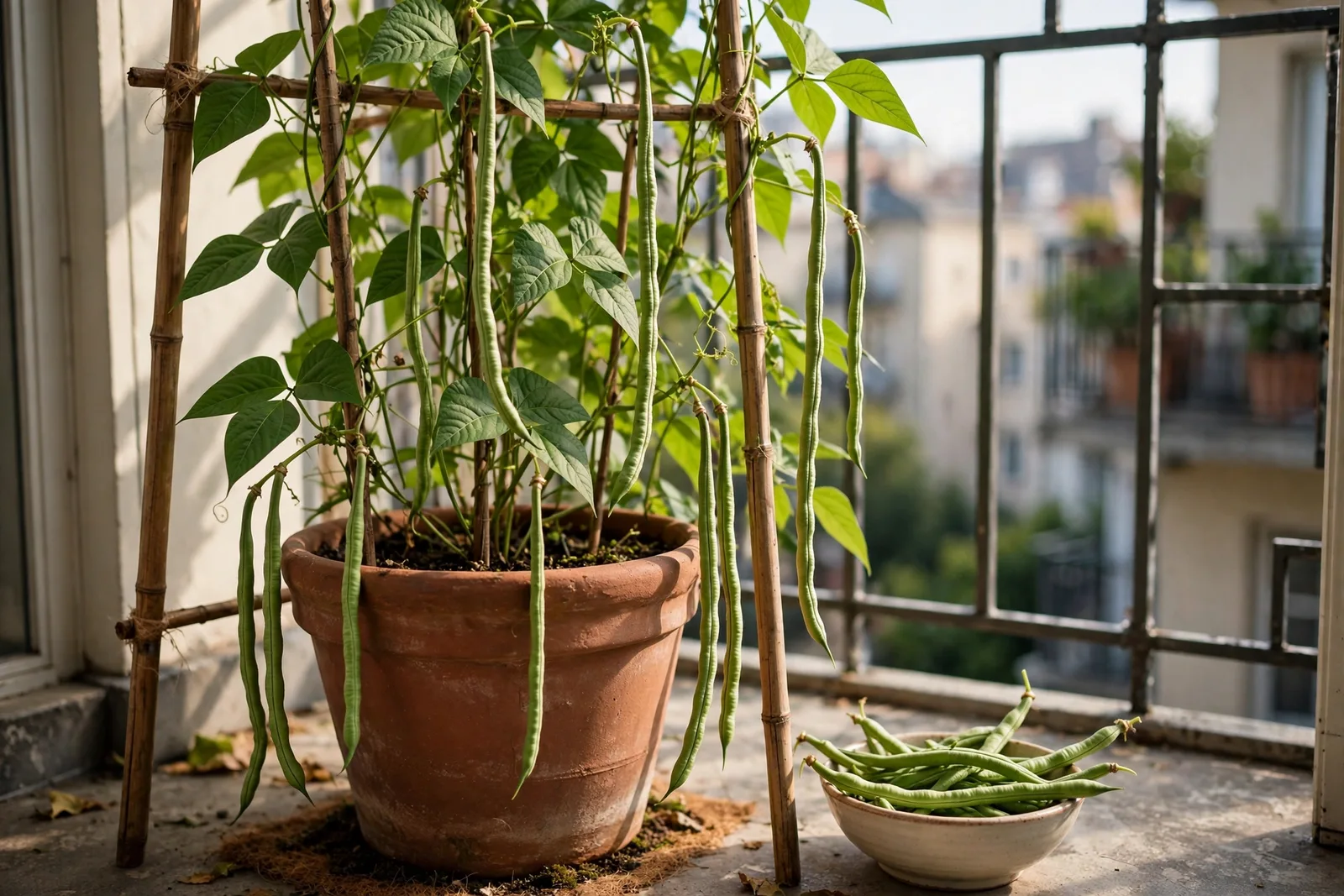 A yardlong bean vine growing in a large terracotta pot with a bamboo trellis on a sunny apartment balcony, long green pods hanging down and a bowl of harvested beans beside the pot