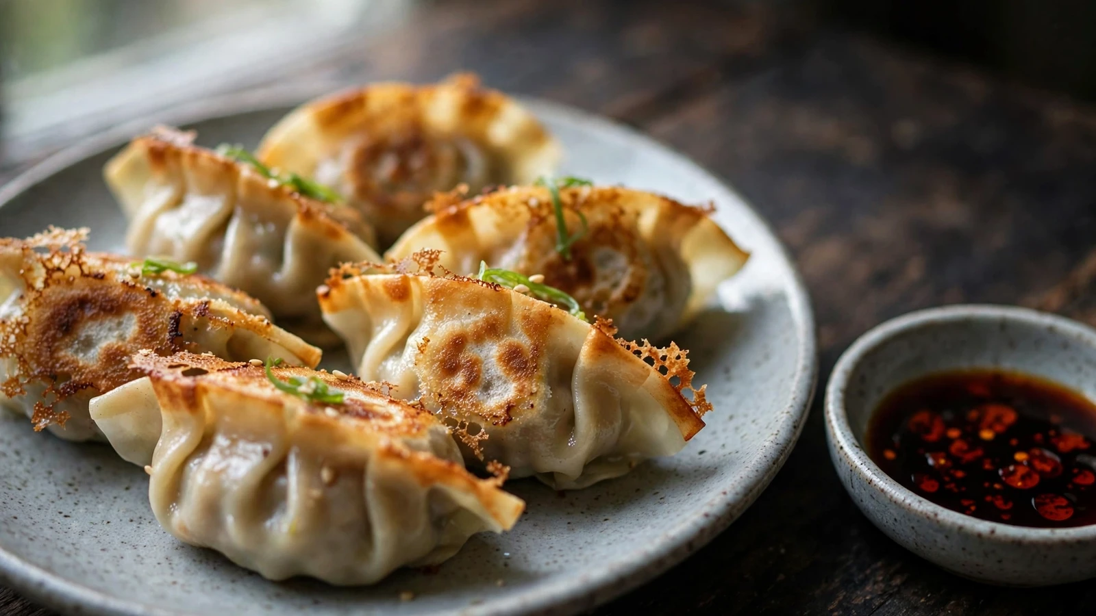 A plate of pan-fried pork and cabbage gyoza with golden crispy bottoms, next to a small dish of soy-vinegar dipping sauce dotted with chili oil, on a dark wooden table