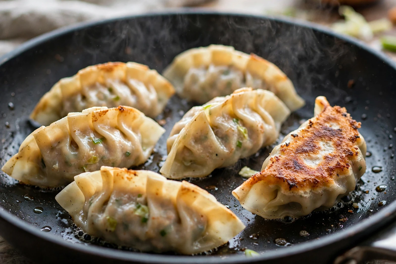 Gyoza sizzling in a nonstick skillet, one flipped to show its golden crisp bottom, steam rising