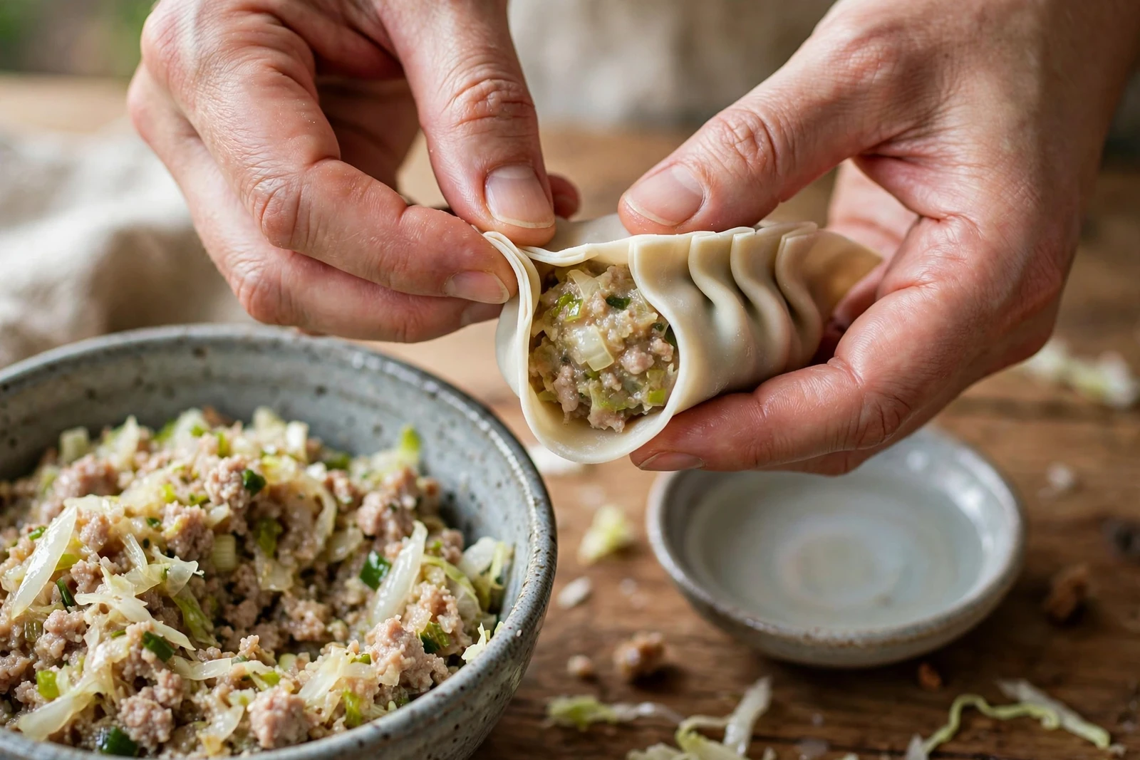 Hands pleating a gyoza wrapper over a bowl of pork and cabbage filling, with a small water dish and folded gyoza on a parchment-lined tray beside