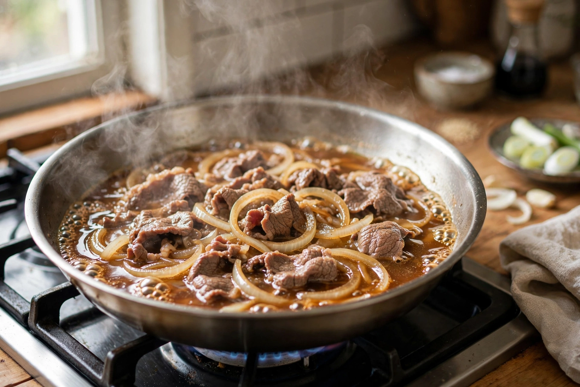 Thin beef slices and onion wedges simmering in amber dashi-soy broth in a wide pan, steam rising