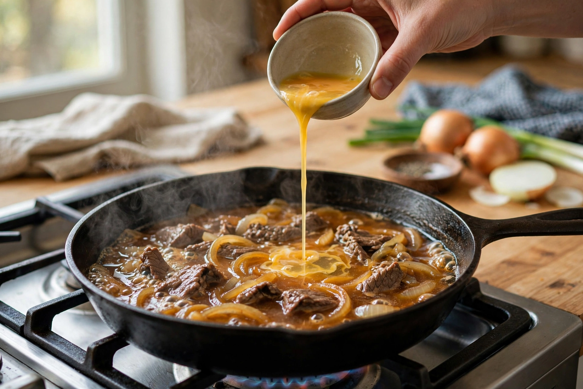 Beaten egg being poured in a thin stream over simmering beef and onions in a pan