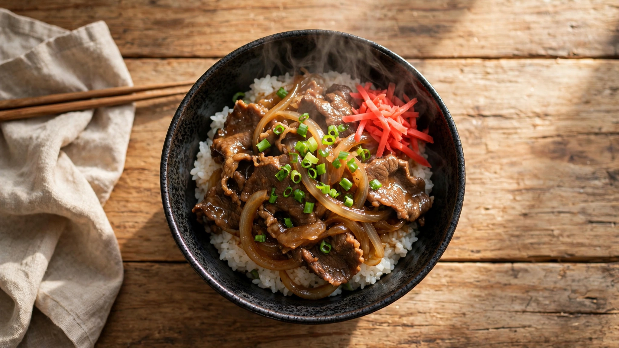 Finished gyudon bowl: simmered thin beef and translucent onions over steamed white rice, topped with pickled red ginger and sliced scallions