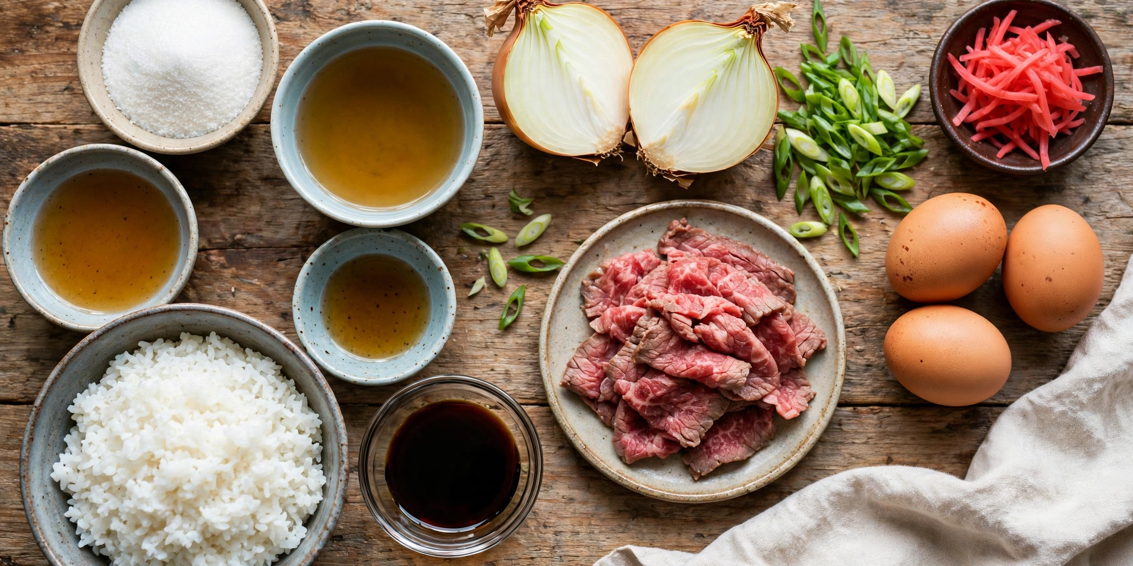 Gyudon ingredients on a wooden counter: sliced raw beef, a halved onion, soy sauce, dashi, sugar, mirin, eggs, pickled red ginger, scallions, and a bowl of steamed rice