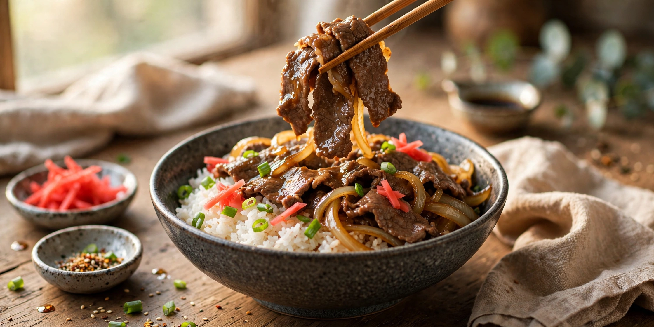 Chopsticks lifting slices of simmered beef from a gyudon bowl, with pickled red ginger and scallions on top