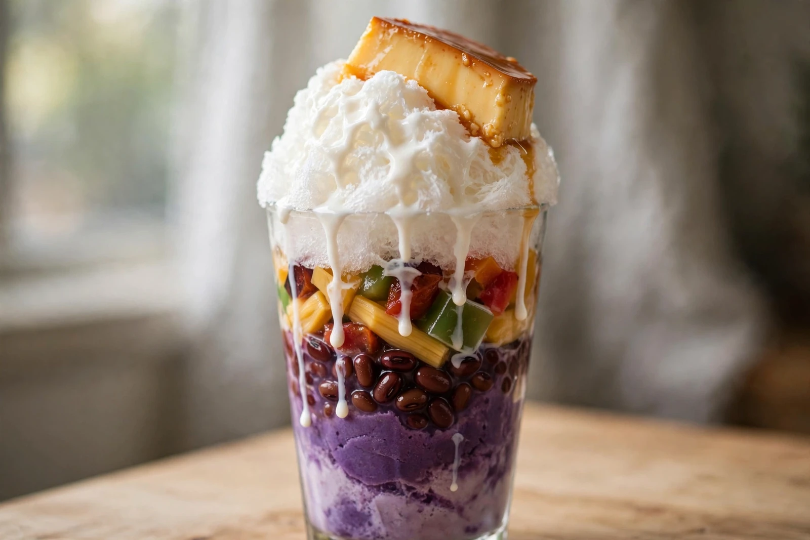A tall glass of halo-halo with a dome of shaved ice drizzled with evaporated milk, a thick slice of leche flan on top, and visible layers of purple ube, red beans, and colorful preserved fruits.