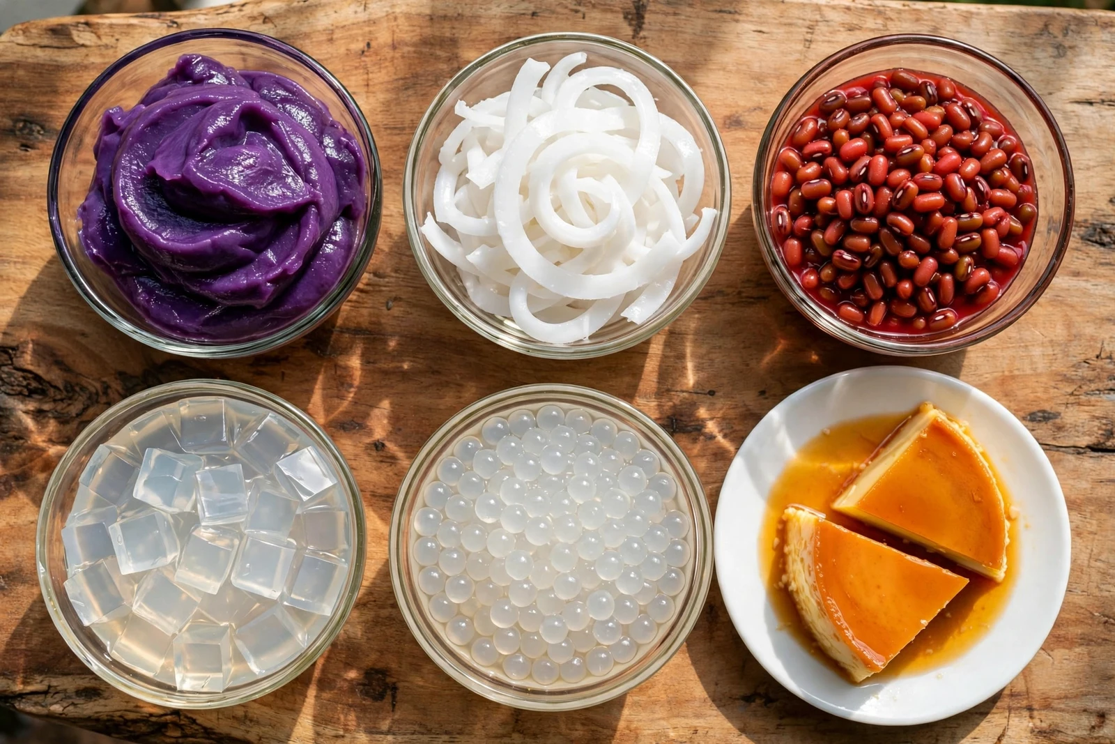 Small glass bowls of halo-halo toppings on a wooden board: purple ube halaya, white macapuno coconut strips, sweetened red beans, nata de coco cubes, sago pearls, and two slices of golden leche flan on a white plate.