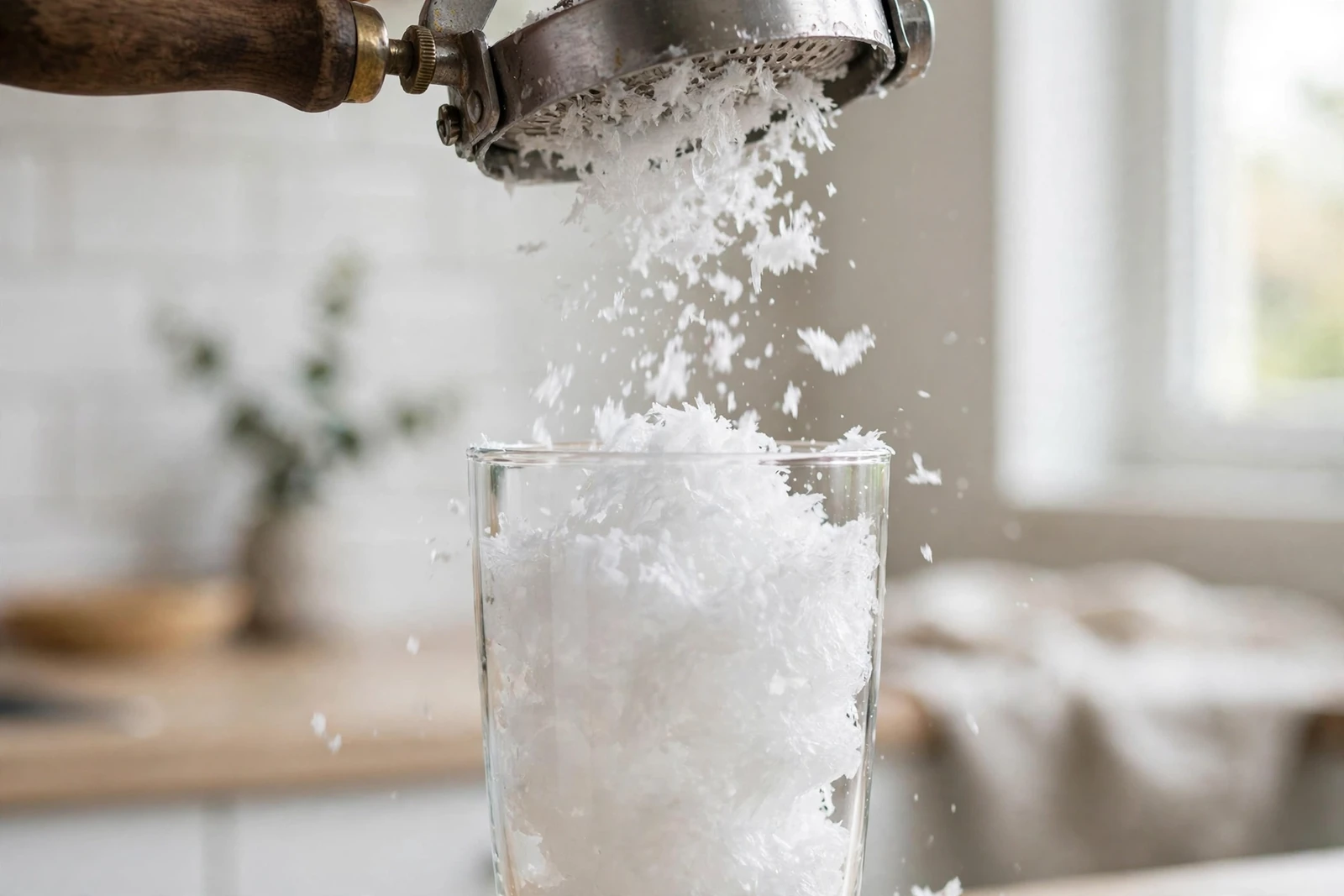 Fine fluffy shaved ice falling from a manual ice shaver into a tall clear glass in a bright kitchen.
