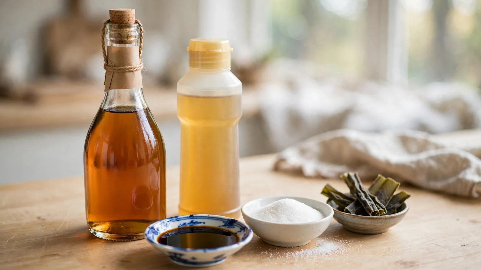 Bottles of hon-mirin and mirin-style seasoning on a kitchen counter with soy sauce, sugar, and dried kelp