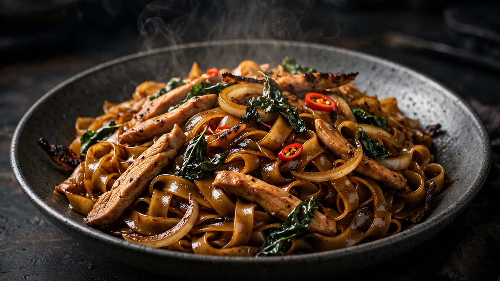 Bowl of pad kee mao, Thai drunken noodles, wide flat rice noodles coated in dark soy sauce with sliced chicken, wilted holy basil leaves, sliced red Thai chilies and onion, steam rising.