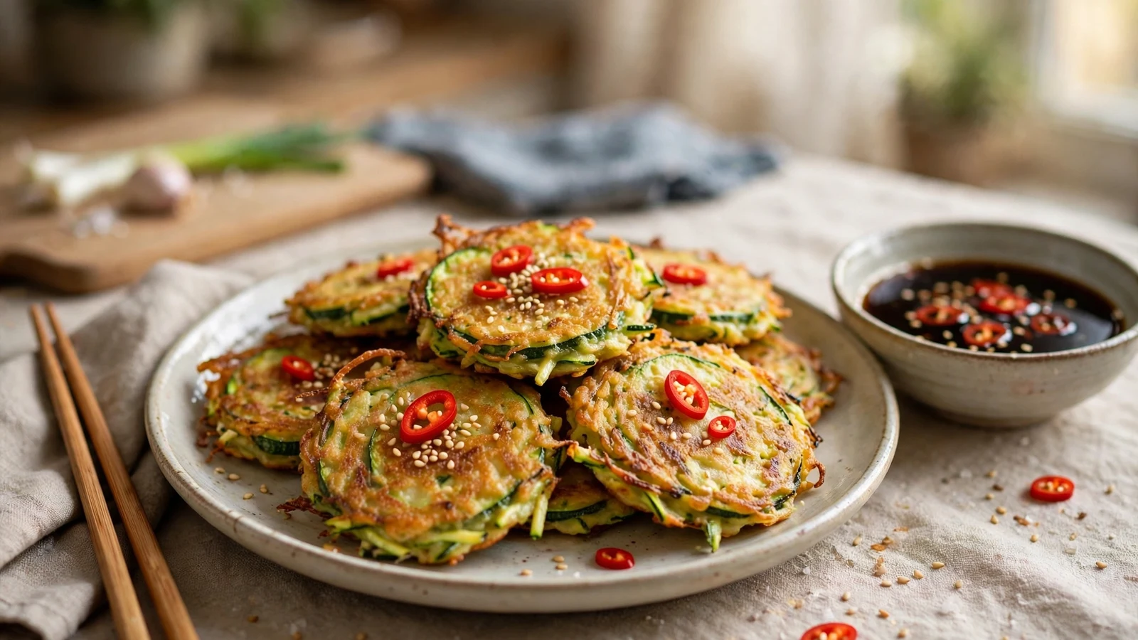 Plate of golden Korean hobak jeon zucchini fritters with crisp lacy edges, topped with sesame seeds and sliced red chili, small bowl of dark soy-vinegar dipping sauce and chopsticks beside the plate