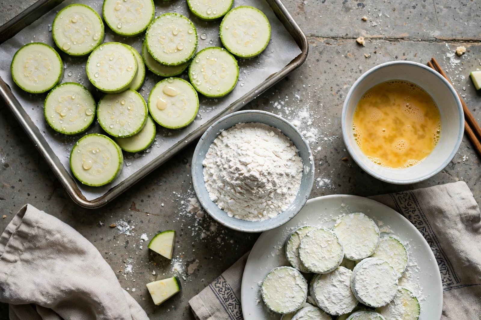 Salted zucchini rounds beaded with moisture on a tray beside bowls of flour and beaten egg and a plate of flour-coated rounds, the coating stations for hobak jeon
