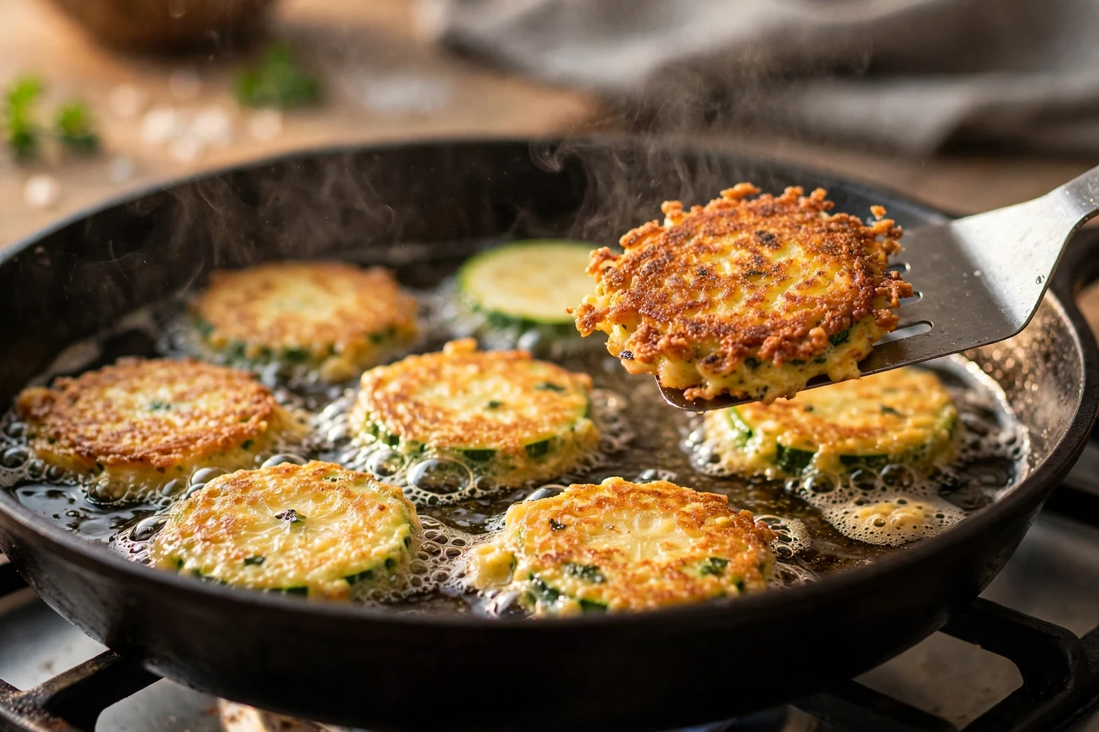 Zucchini rounds frying in a skillet with golden egg coating, a spatula lifting one fritter to show its crisp browned underside, steam rising