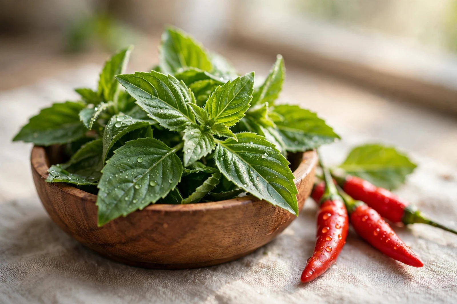 Small wooden bowl of fresh green holy basil leaves with a few Thai bird chilies beside it.