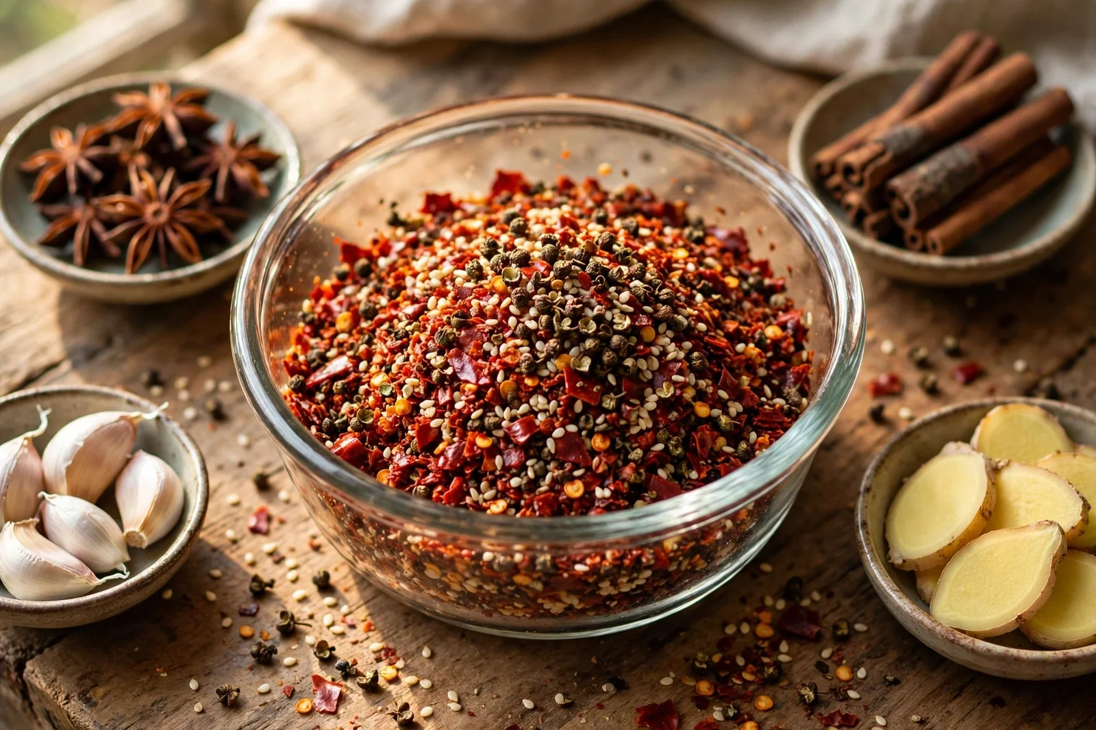 Heatproof bowl of coarse dried red chili flakes with sesame seeds and crushed Sichuan peppercorns, small bowls of star anise, cinnamon, garlic and ginger around it on a wooden counter