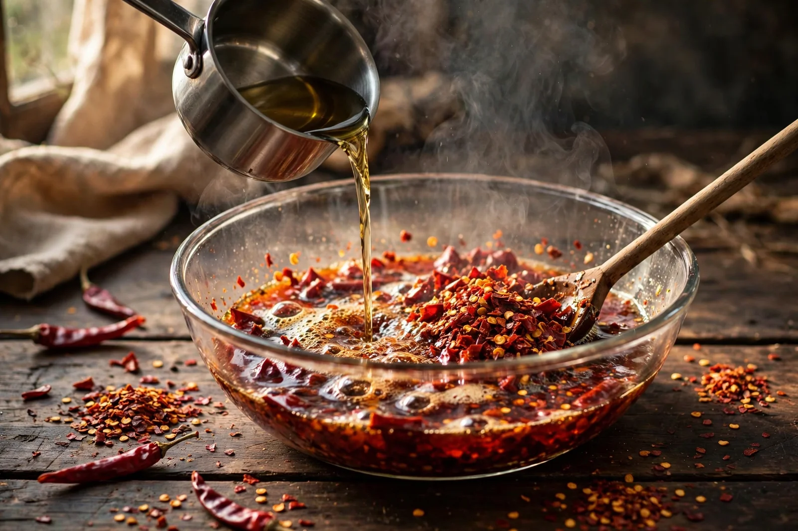 Hot oil being poured in a thin stream from a small saucepan over dried chili flakes in a heatproof bowl, flakes sizzling and bubbling as the oil turns deep red