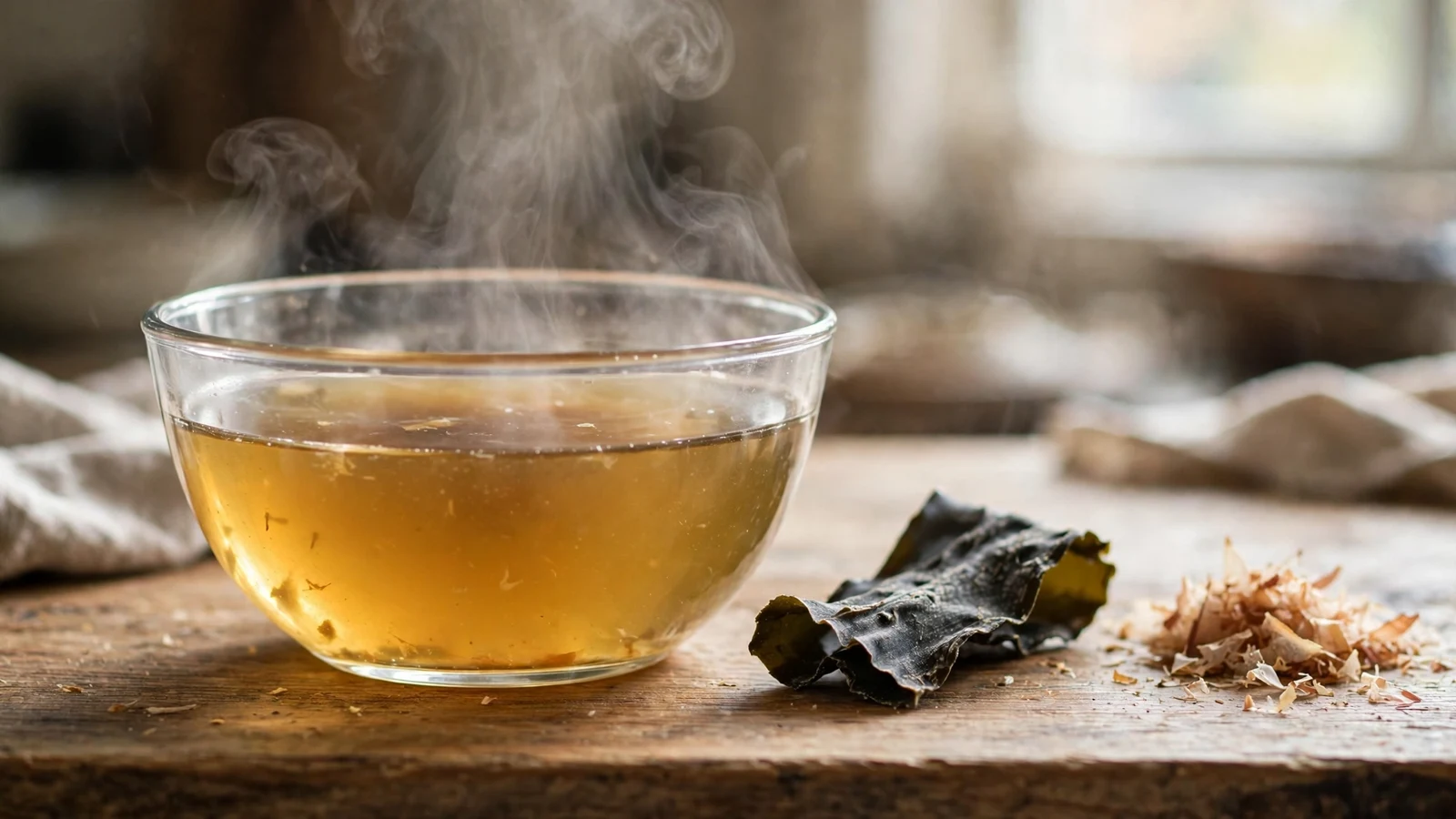 Clear glass bowl of golden homemade dashi broth steaming on a wooden counter beside dried kombu kelp and a small pile of bonito flakes