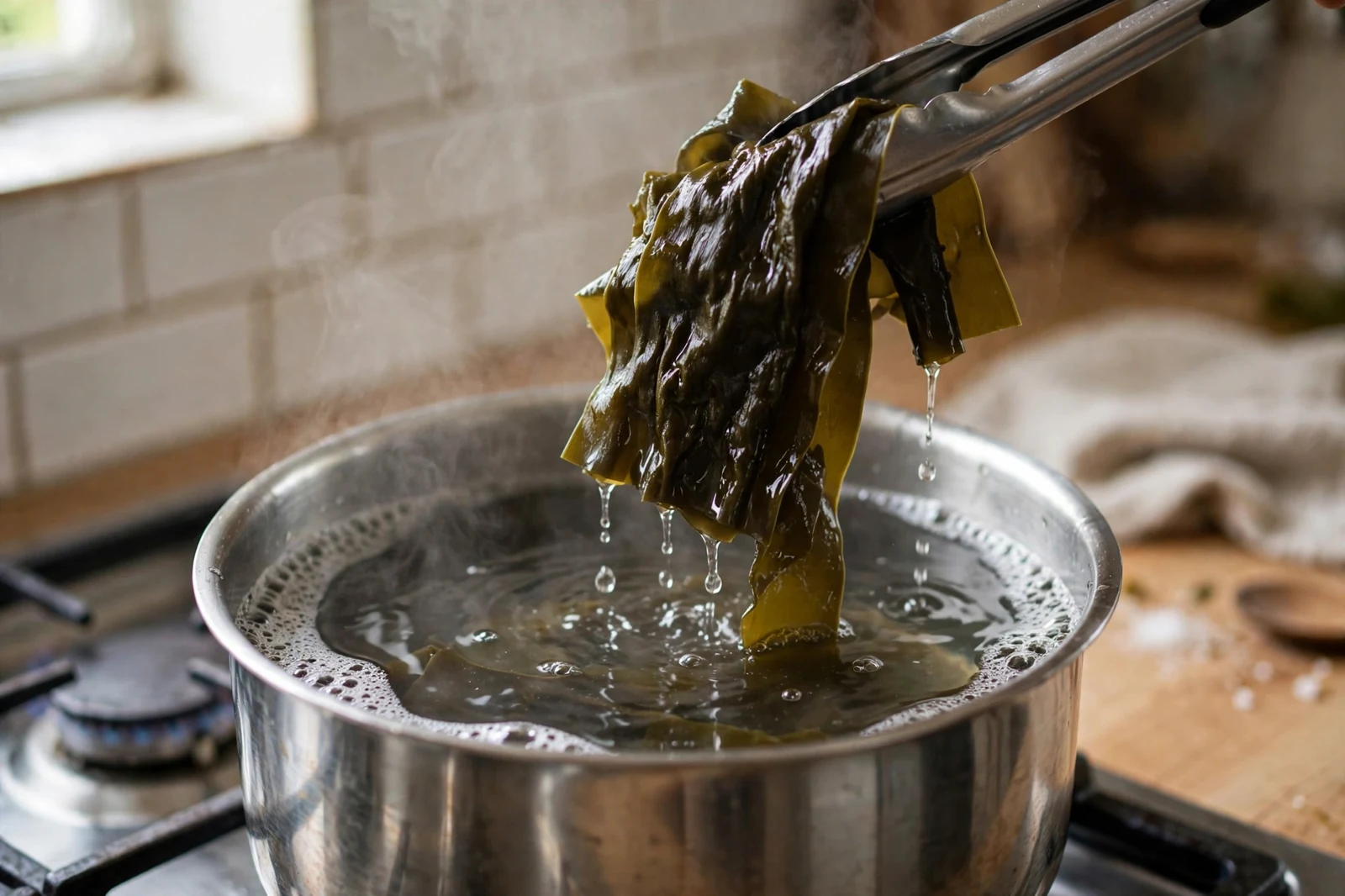 Kombu kelp steeping in a pot of clear water with small bubbles gathering at the edges, tongs lifting the kombu piece out before the water boils