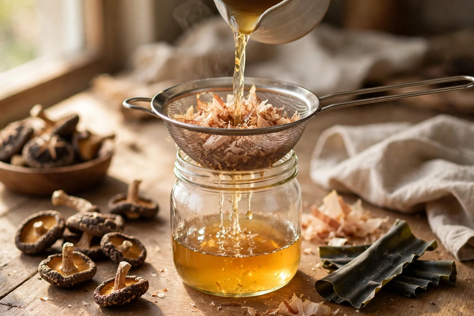 Golden dashi poured through a fine-mesh strainer with bonito flakes into a glass jar, dried shiitake mushrooms and kombu on the counter beside it