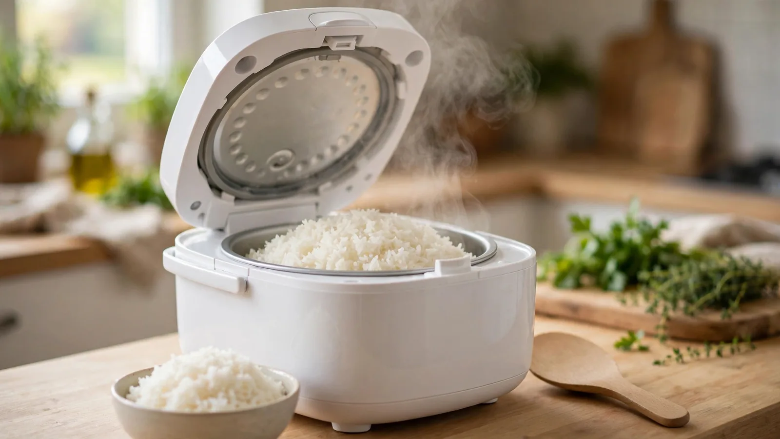 White electric rice cooker with its lid open and fluffy steamed white rice inside, steam rising, a small ceramic bowl of cooked rice and a wooden rice paddle on a wooden kitchen counter with fresh herbs behind