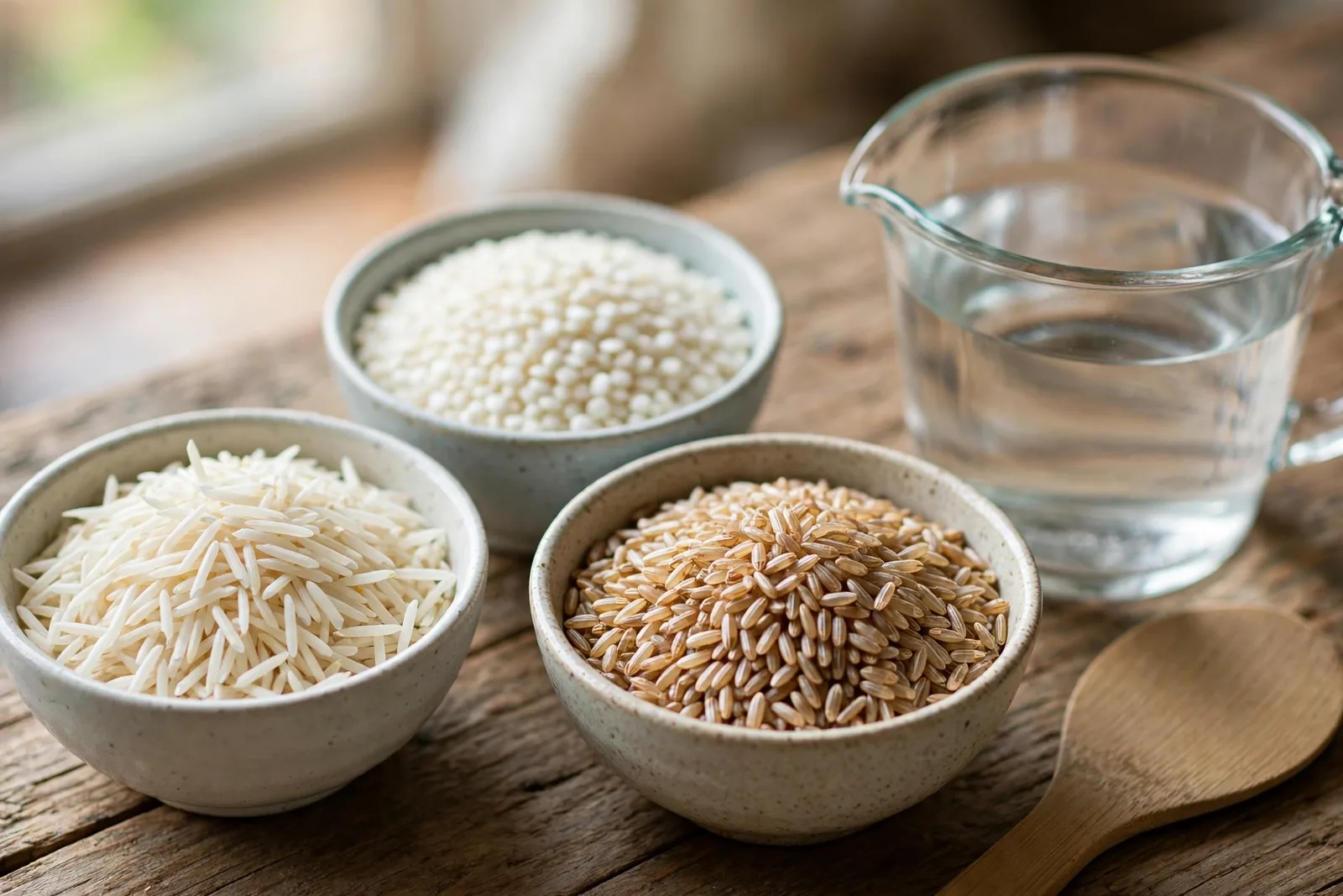 Three small ceramic bowls of uncooked rice on a wooden table: long slender jasmine grains, round short-grain rice, and brown rice, beside a glass measuring jug of water and a wooden rice paddle