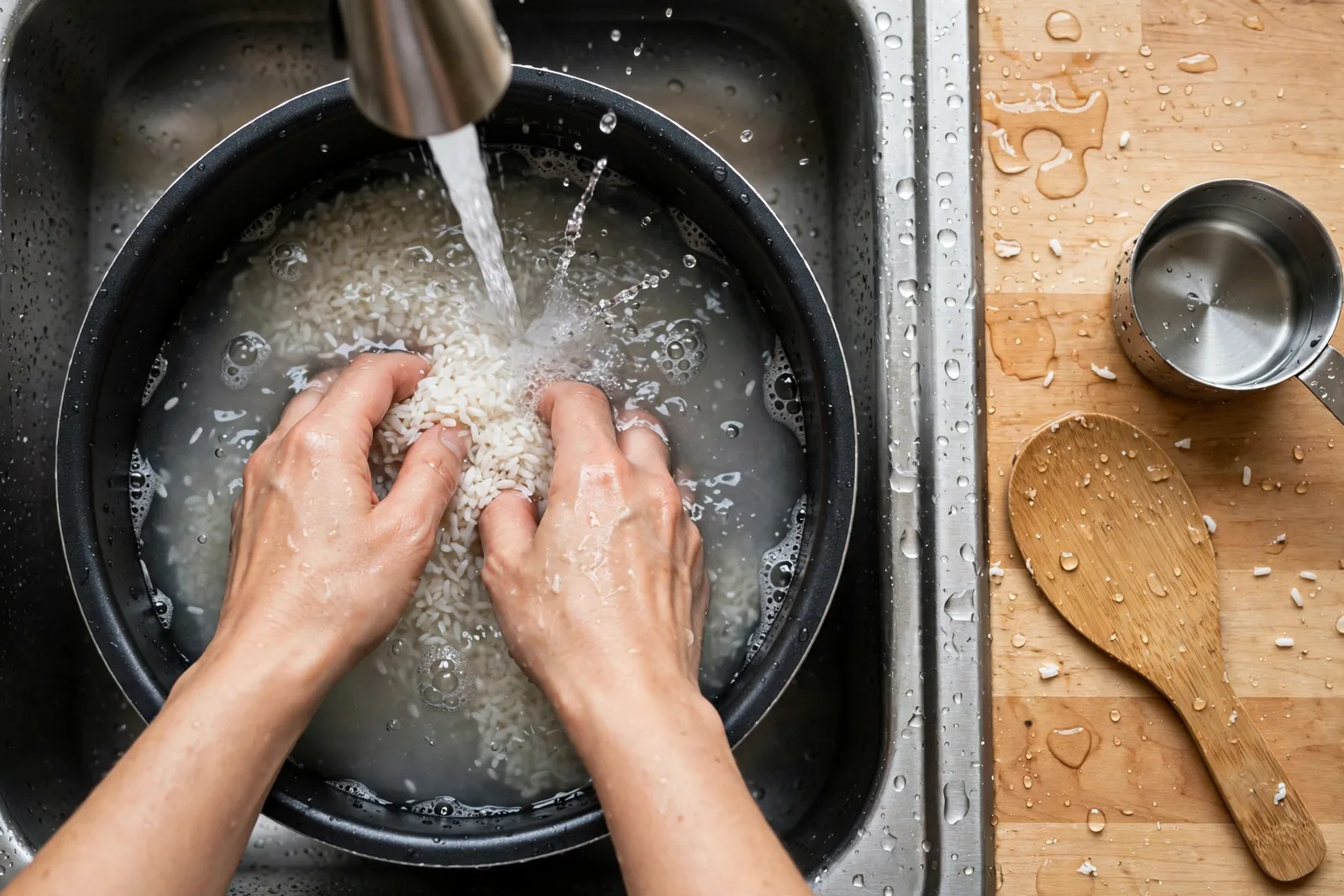Hands rinsing white rice in a black rice cooker inner pot under running water in a kitchen sink, cloudy rinse water swirling, with a wooden rice paddle and metal measuring cup on a wet wooden board beside the sink