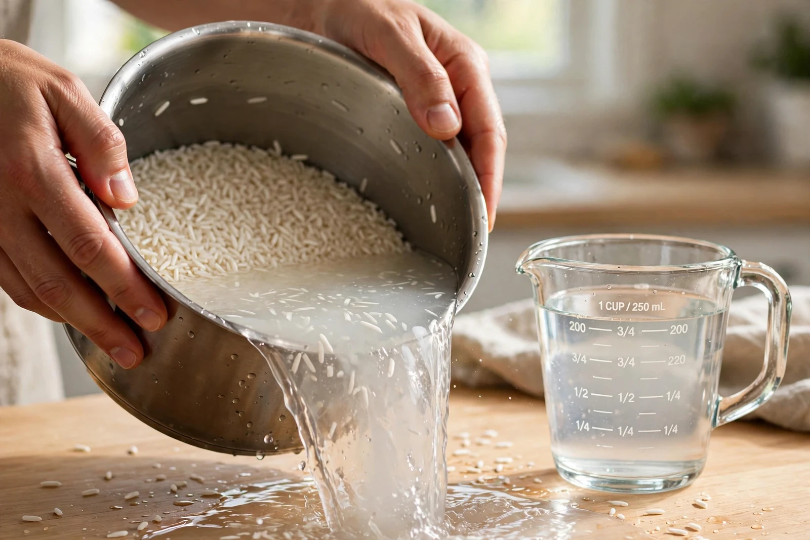 Hands rinsing jasmine rice and pouring off cloudy rinse water beside a measuring cup