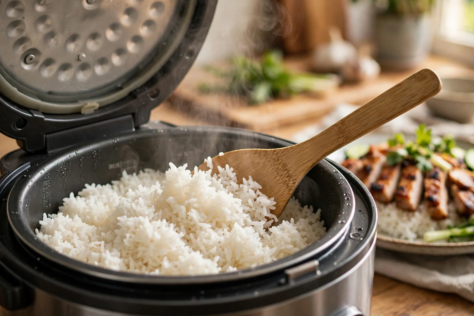 Wooden rice paddle fluffing steamed jasmine rice in an open rice cooker with a plated meal nearby
