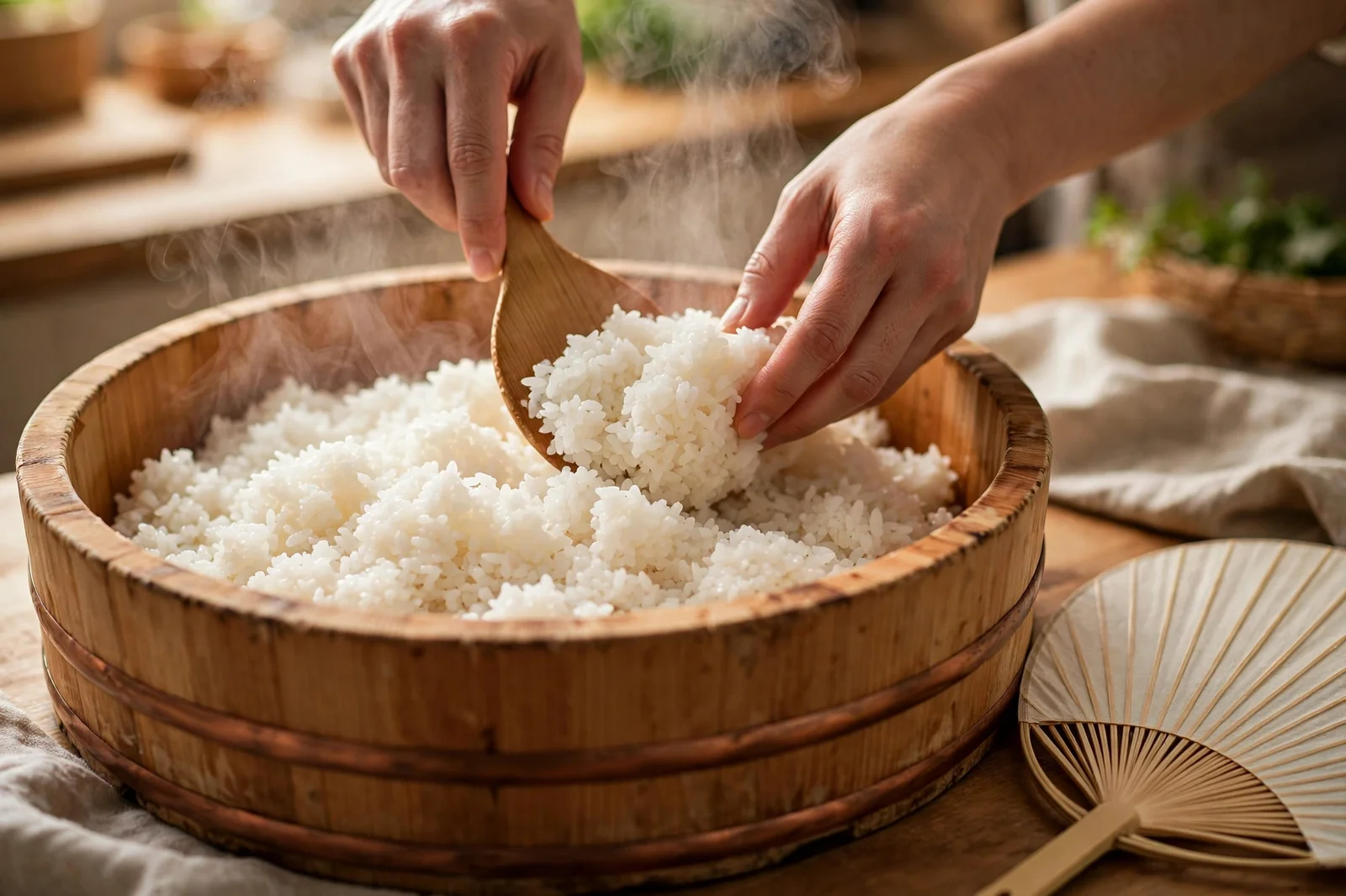 Hands folding steaming sushi rice with a wooden paddle in a large shallow bowl, a paper fan resting nearby