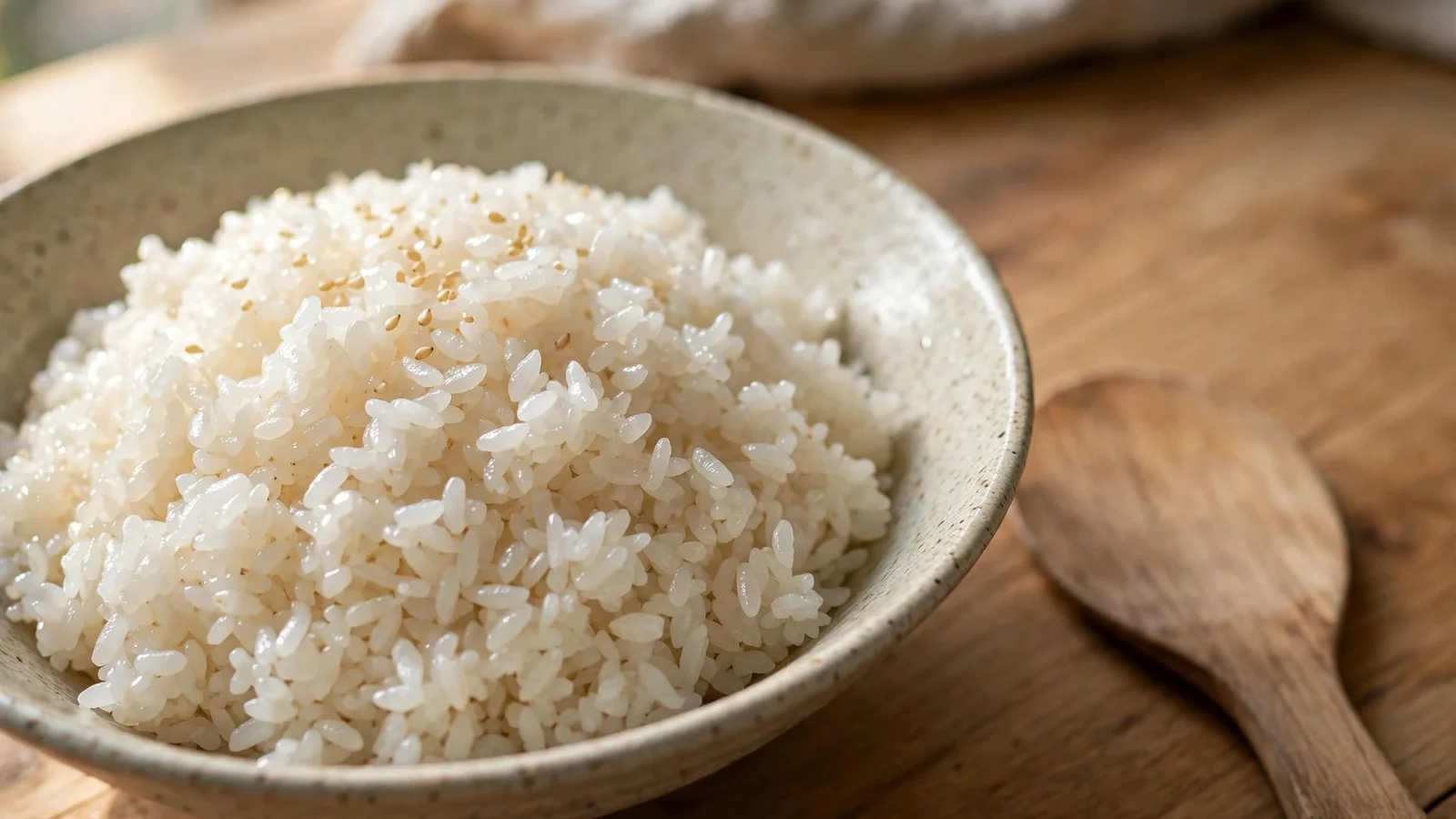 A wide ceramic bowl of glossy seasoned sushi rice with distinct short-grain grains, a wooden rice paddle resting beside it on a wooden table