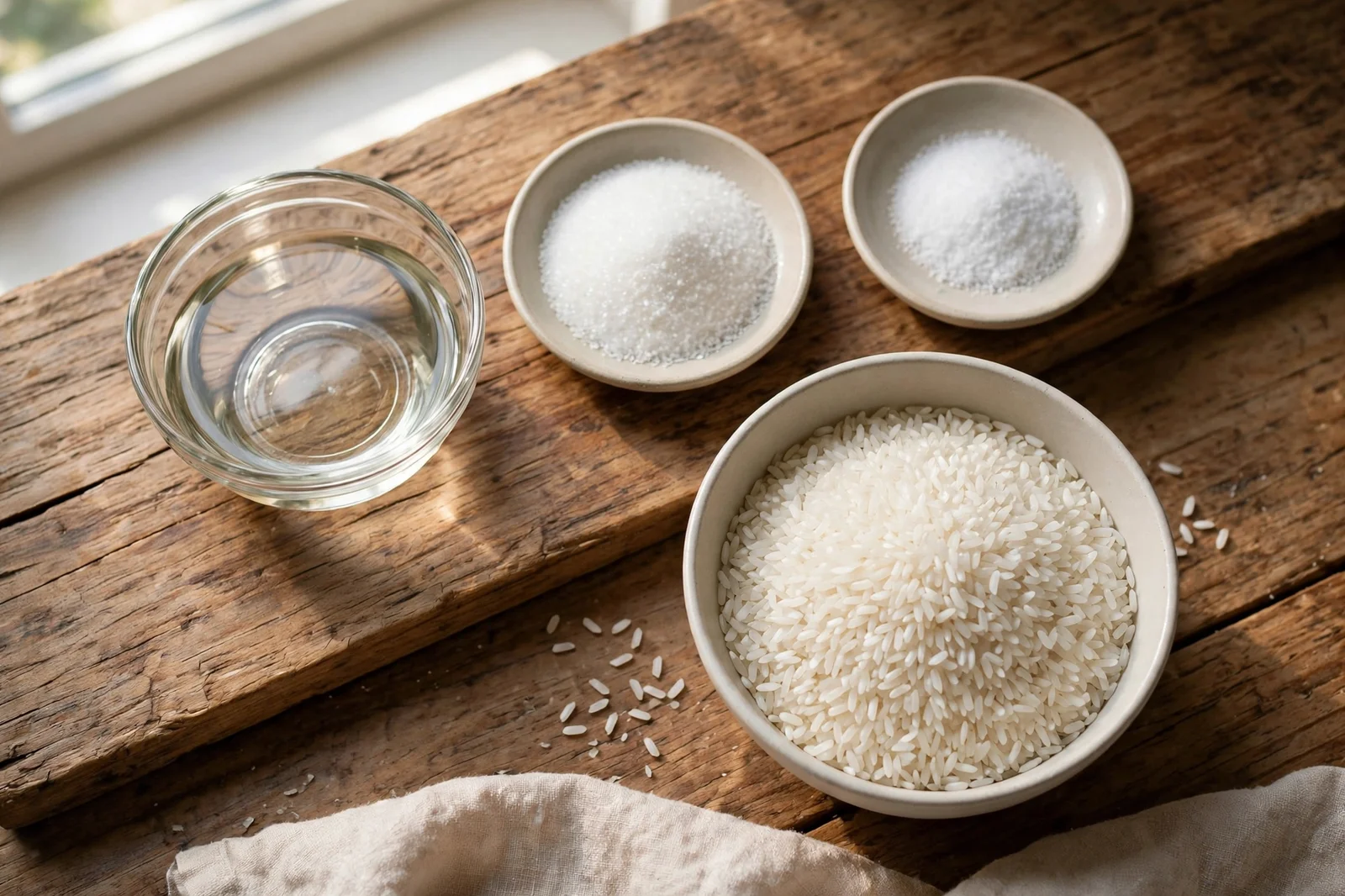 Small bowls of rice vinegar, sugar, and salt arranged beside a bowl of uncooked short-grain rice on a wooden counter