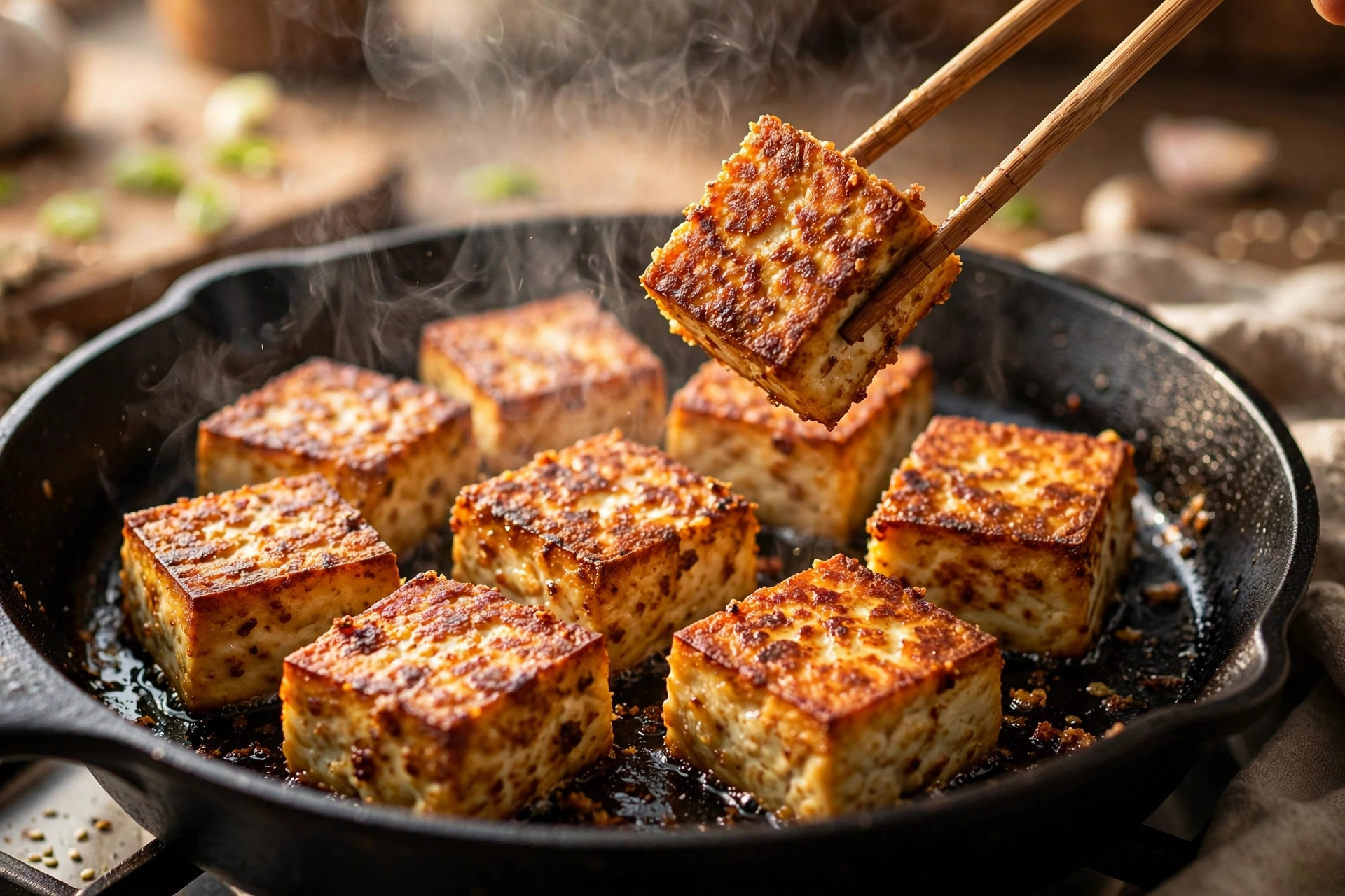 Golden-brown crispy pressed tofu cubes searing in a hot cast-iron skillet with steam rising, wooden chopsticks lifting one cube