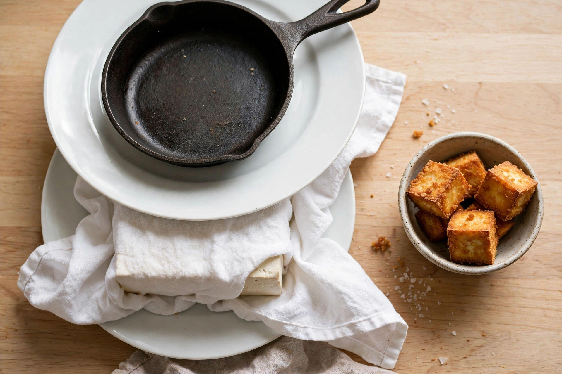 Overhead photo of a firm tofu block wrapped in a white kitchen towel being pressed between two dinner plates with a small cast-iron skillet on top as a weight, with a bowl of golden-brown crispy tofu cubes beside it