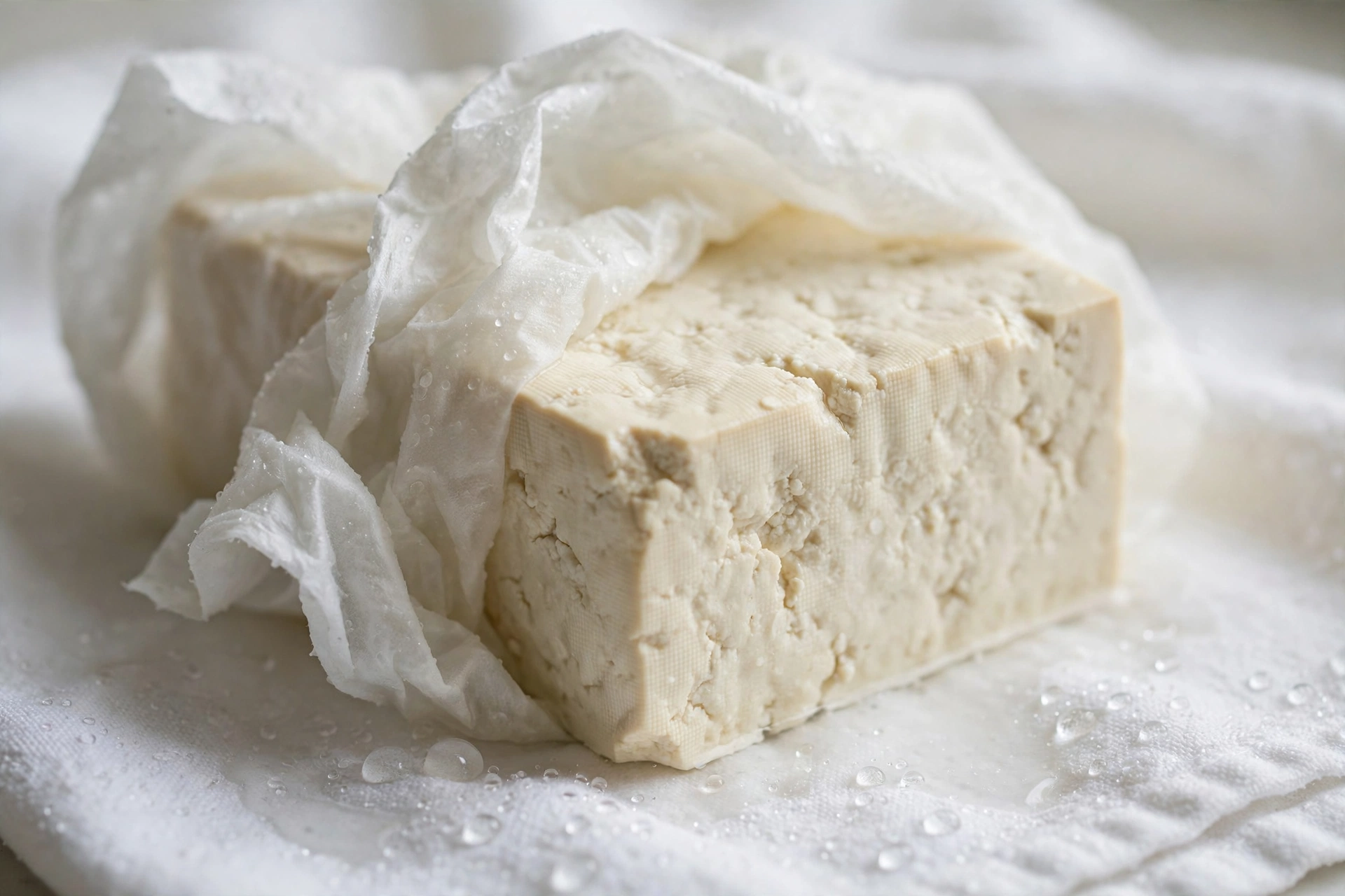 Close-up of a pressed firm tofu block partially unwrapped from a damp paper towel, with beads of extracted water on the towel