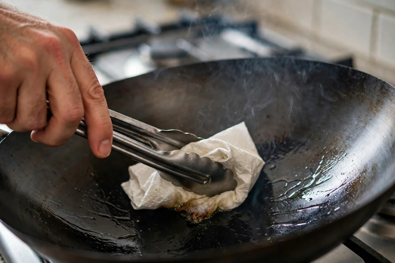 Wiping a thin layer of oil inside a hot carbon steel wok with tongs and a paper towel