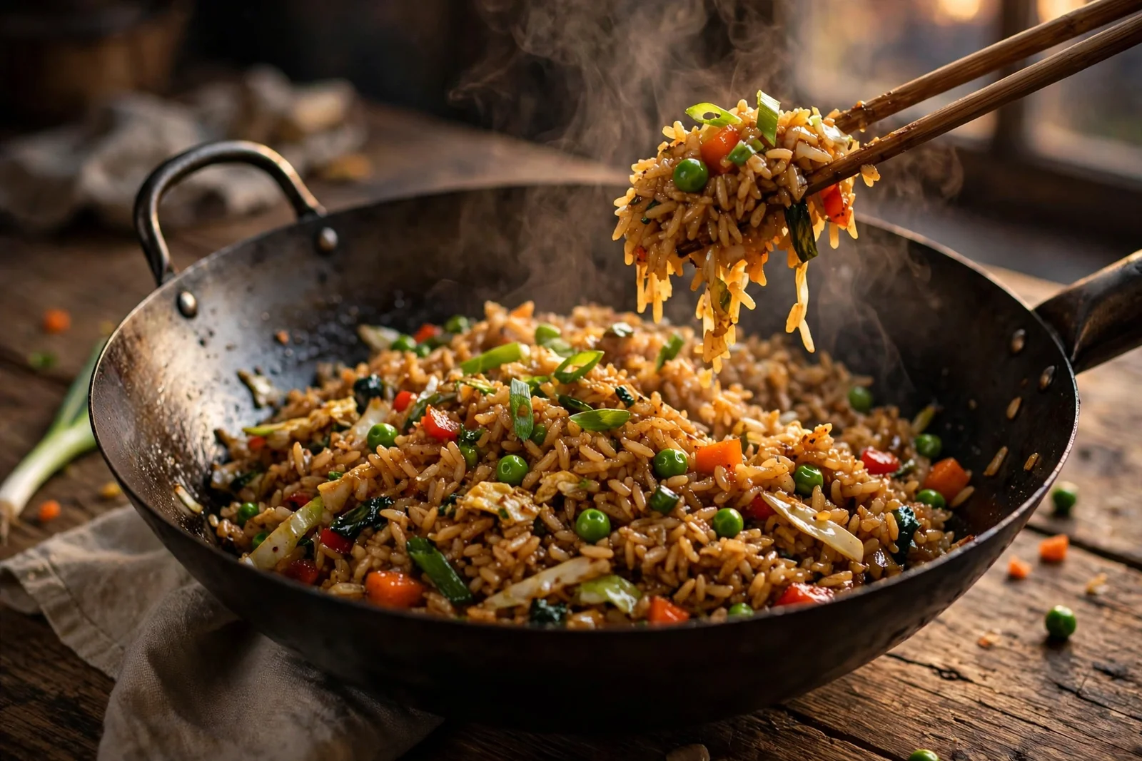 Seasoned carbon steel wok with glossy stir-fried rice and vegetables, steam rising