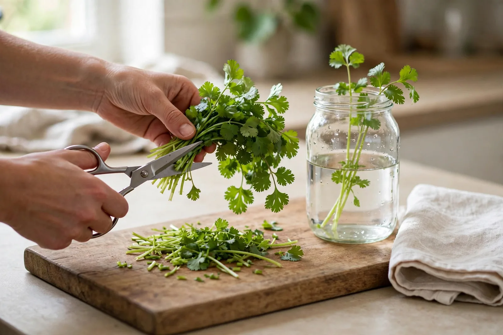 Hands trimming fresh cilantro stems with scissors over a wooden cutting board beside a jar of water