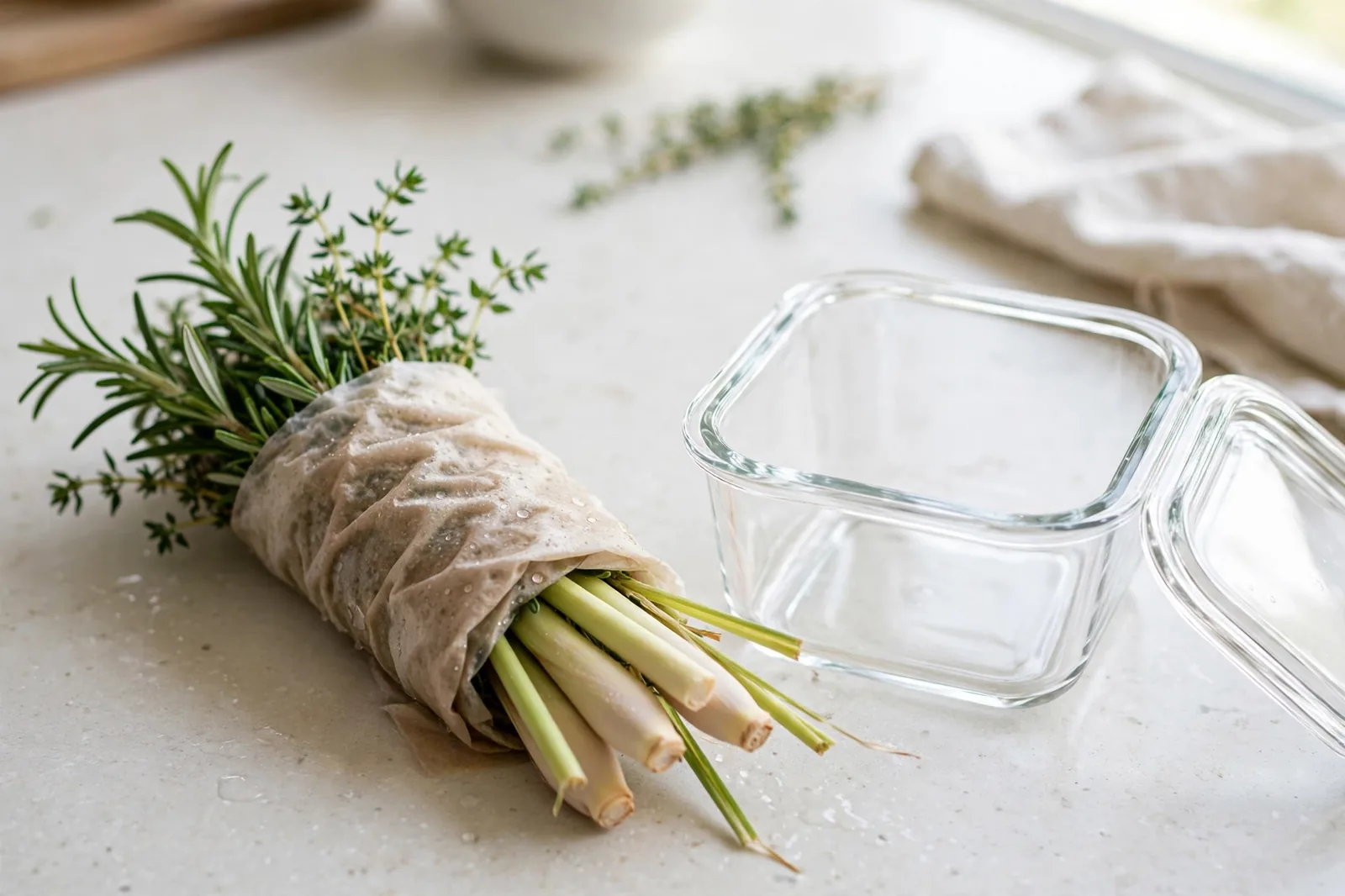 Rosemary, thyme, and lemongrass rolled in a damp paper towel beside a glass storage container