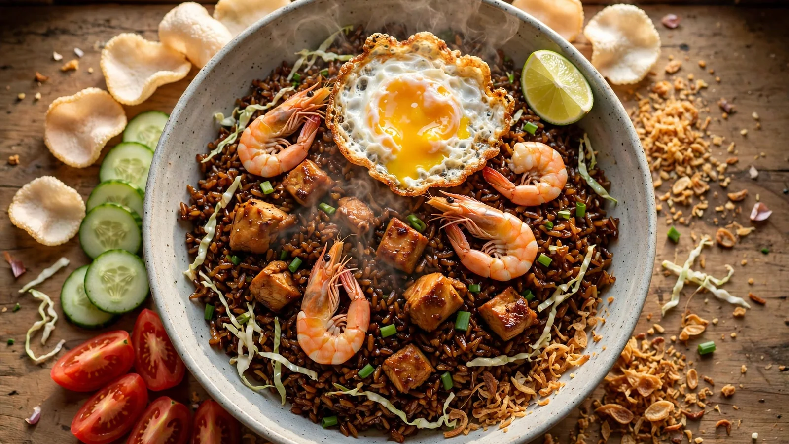 Ceramic bowl of Indonesian nasi goreng: dark glossy kecap fried rice with chicken pieces, whole shrimp, shredded cabbage and scallions, topped with a crisp-edged fried egg, with cucumber slices, tomato wedges, prawn crackers, crispy shallots and a lime wedge on a wooden table
