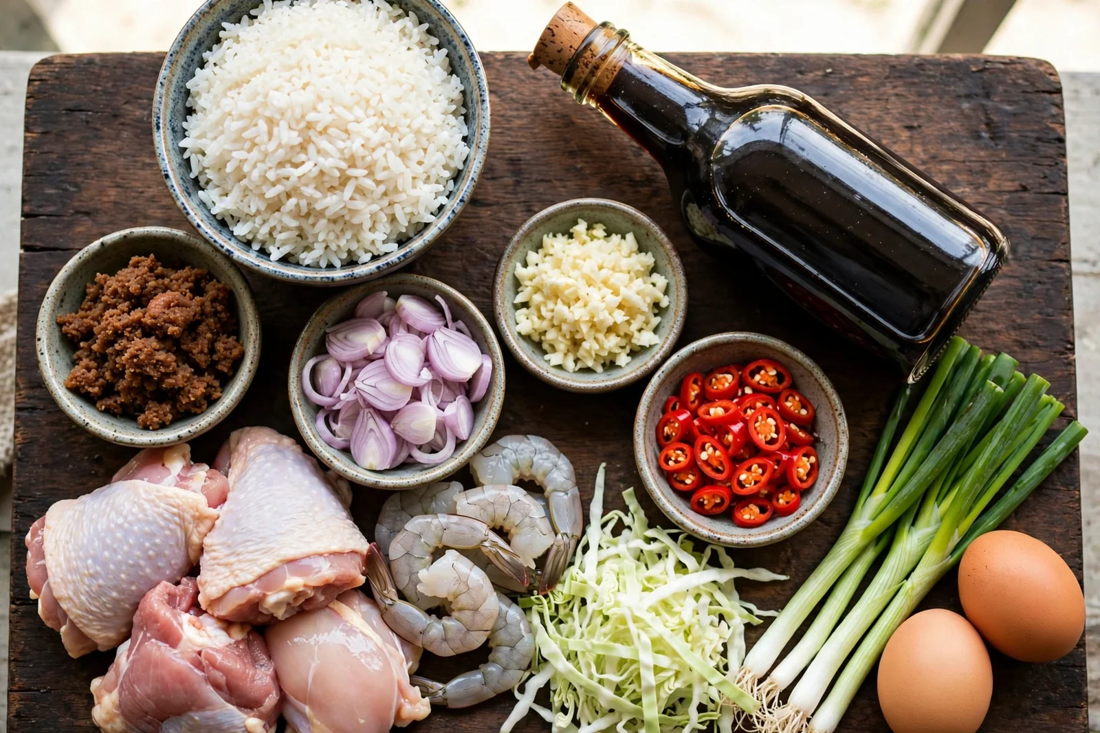 Ingredients for Indonesian nasi goreng on a wooden board: bowl of cooked jasmine rice, bottle of kecap manis, bowls of shrimp paste, sliced shallots, minced garlic and sliced red chilies, raw chicken thighs, raw shrimp, shredded cabbage, scallions and eggs