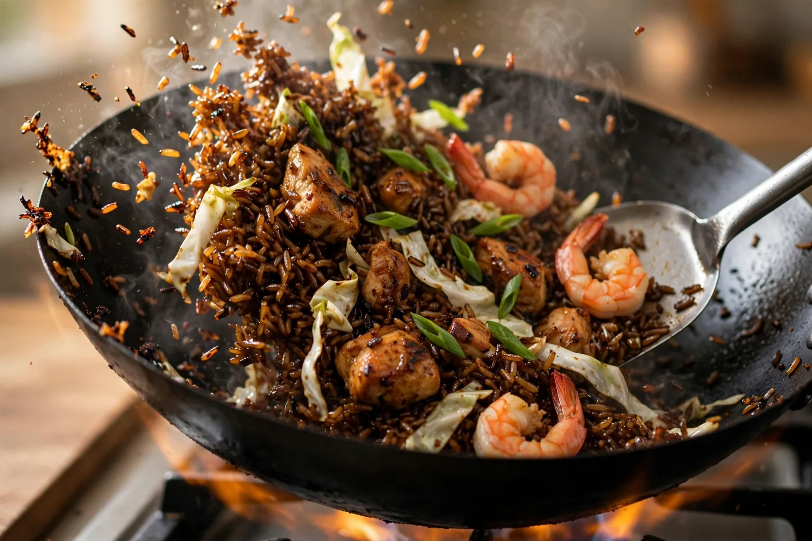 Indonesian nasi goreng tossing in a black wok over flame: dark glossy fried rice with chicken pieces, shrimp, cabbage and scallion greens mid-toss, steam rising and a metal spatula in the rice